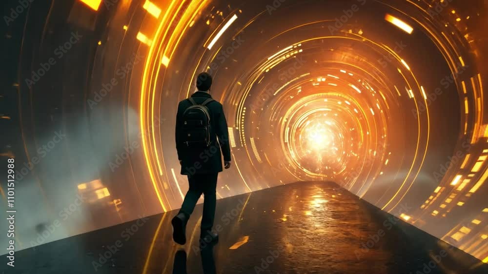 Poster A traveler steps forward into a luminous vortex that emits warm light, surrounded by a futuristic digital environment. The scene combines mystery and adventure, captivating the imagination.
