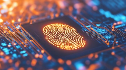 A glowing computer chip displays a fingerprint scanner at its center, showcasing advanced technology for secure identification