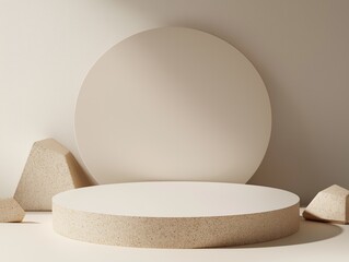 Abstract minimal podium display scene. Beige geometric shapes create presentation platform. Empty display area for product advertising. Modern design aesthetic. Clean background. Ideal for fashion