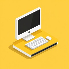 Modern Computer Setup with Isometric Design on Yellow Background Featuring Monitor, Keyboard, and Mouse Ideal for Technology and Office Themes