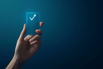 Hand Holding Futuristic Smartphone with Check Mark and Upward Arrow: Progress and Success Concept