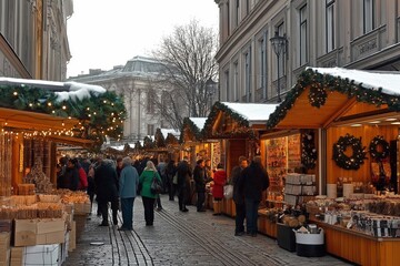 Naklejka premium traditional Christmas market with beautifully lit stalls, festive wreaths, and snow