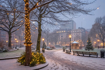 Fototapeta premium An elegant view of Manchester’s Piccadilly Gardens, with festive lights wrapped around the trees and a gentle snowfall creating a magical winter atmosphere.