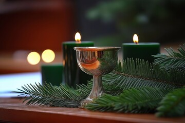 chalice surrounded by Christmas candles and evergreen branches