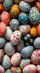Fototapeta premium A vibrant collection of intricately painted eggs in various colors and designs, ideal for Easter-themed projects, springtime events, or decorative purposes