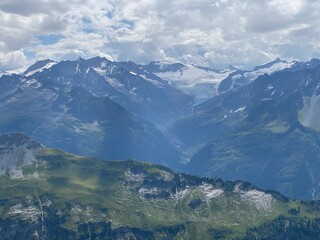 View of the Urner Alpen from the peaks above Lake Melchsee or Melch Lake in the Uri Alps mountain massif, Kerns - Canton of Obwald, Switzerland (Kanton Obwalden, Schweiz)