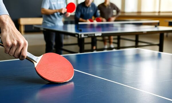 Players engage in a fast-paced table tennis match as they showcase their skills and strategy in an energetic atmosphere at a sports center