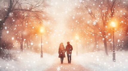 Fototapeta premium Romantic Couple in Snowy Park Proposal Surrounded by Softly Falling Snowflakes