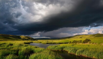 Fototapeta premium The Calm Before the Storm - A peaceful landscape under darkening clouds, symbolizing anticipation and the moments before major change 