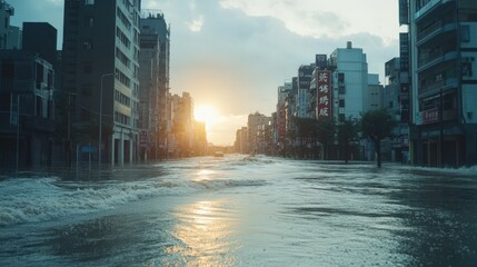 Fototapeta premium Flooded City Street at Sunset Golden Hour