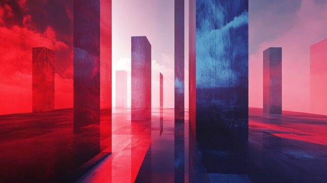 Abstract Minimalist Red and Blue Rectangular Structures Against a Cloudy Sky