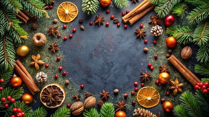 Festive Christmas and New Year Frame Template with Winter Spices, Nuts, and Fir Branches on a Dark Background for Holiday Celebrations and Seasonal Greetings