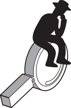 recommend clip art: 虫眼鏡に腰かけて物思いにふける男性のシルエットイラスト