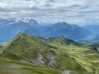 View of the Urner Alpen from the peaks above Lake Melchsee or Melch Lake in the Uri Alps mountain massif, Kerns - Canton of Obwald, Switzerland (Kanton Obwalden, Schweiz)