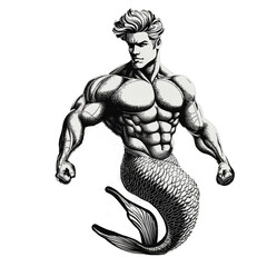 Fototapeta premium muscular merman with a vintage style, featuring strong physique and retro hairstyle sketch engraving
