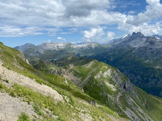 View of the Urner Alpen from the peaks above Lake Melchsee or Melch Lake in the Uri Alps mountain massif, Kerns - Canton of Obwald, Switzerland (Kanton Obwalden, Schweiz)