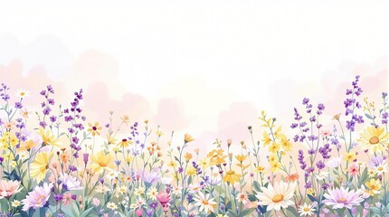 Soft watercolor illustration of a meadow filled with wildflowers in shades of pink, yellow, and purple, botanical art, pastel colors, floral patterns, soft illustrations, nature-inspired designs