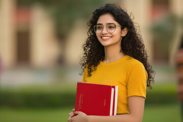 young indian female college student holding text book