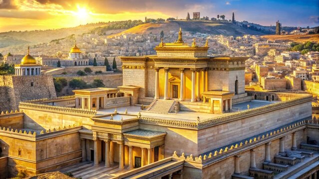 Intricate golden facades of the ancient Jewish Temple, the Beit Hamikdash, rise majestically amidst sun-kissed Jerusalem hills, radiating an aura of antiquity and spiritual significance.