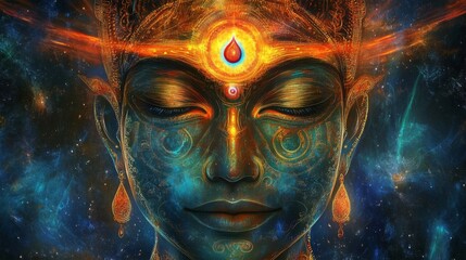 Divine Being with Third Eye and Cosmic Background
