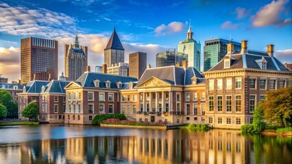 Obraz premium Mauritshuis museum and parliament building in The Hague. Office buildings and skyscrapers in the background.