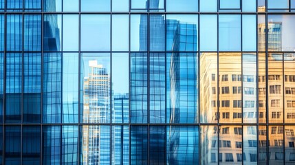 Fototapeta premium Reflections of City Buildings in Glass Facade