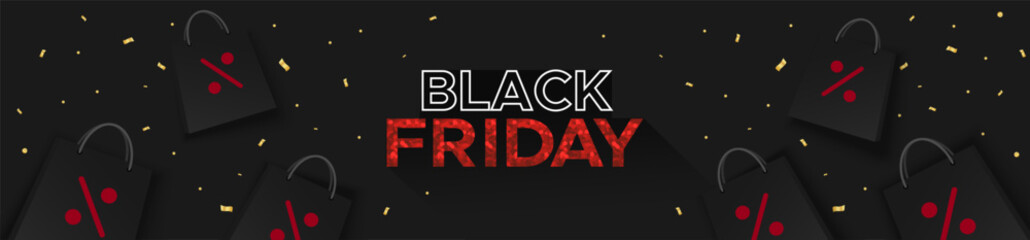 Black Friday Sale horizontal web banner with black shopping bags on a black background