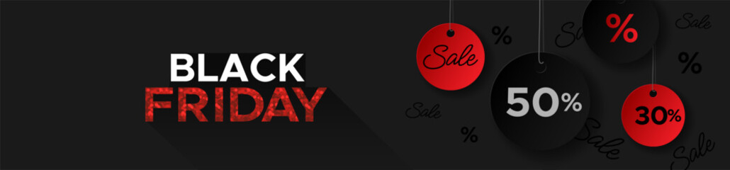 Black Friday Sale horizontal web banner with sale labels on a black background