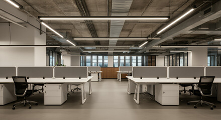 Modern Industrial Office Space Design: Open Plan Workspace with White Desks and Grey Partitions