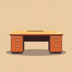 Modern office desk with wood finish and wheels, featuring multiple drawers for storage, set against a minimalist background in warm tones showcasing workspace organization
