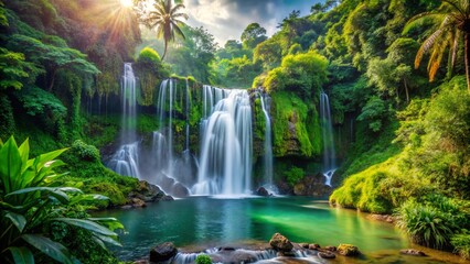 Obraz premium Scenic view of a waterfall in a tropical rainforest