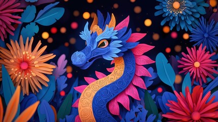 Colorful Paper Art Dragon Surrounded by Vibrant Flowers and Leaves in a Magical Night Setting