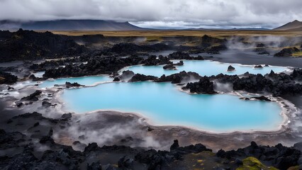 Obraz premium Blue lagoons and geothermal pools surrounded by volcanic rocks in iceland, Ai Generated