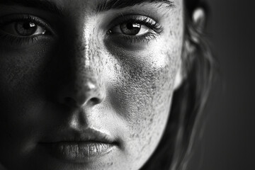 Naklejka premium Captivating portrait of a young woman with freckles in black and white