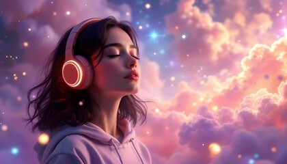 Woman listening to music in headphones with glowing lights in dreamy cloud background
