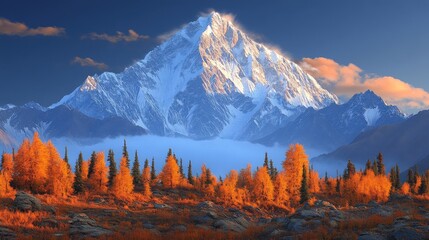 Majestic mountain landscape with autumn foliage and misty valley.