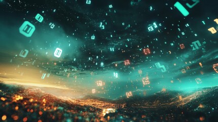 Digital Rain Over a Glowing Cityscape