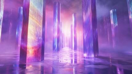 A Futuristic Cityscape of Glowing Pillars and Fog