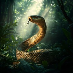 Fototapeta premium majestic cobra rises against misty forest backdrop scales gleaming in ethereal sunlight filtering through canopy while forked tongue flickers sensing surroundings