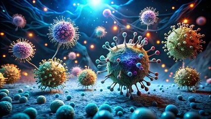 Fototapeta premium Low Light Photography of Dendritic Cells in Action: Protecting the Host from Viral Infections with Immune Response Visualization and Cellular Dynamics in a Scientific Setting