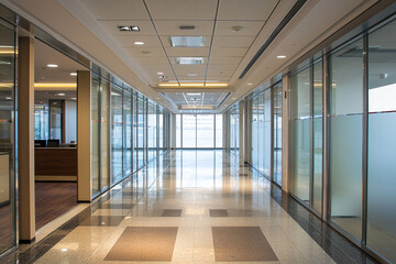 Modern office hallway with glass walls and polished floors