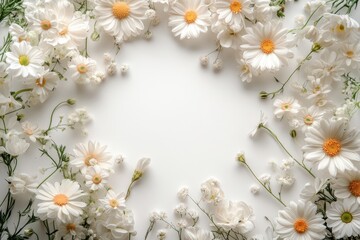 Obraz premium A beautiful arrangement of white flowers surrounds a blank space, perfect for invitations, greeting cards, or social media graphics, The soft tones create a serene and elegant ambiance,
