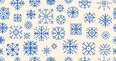 Seamless pattern snowflakes or snow icon in pixel art. Christmas winter pattern snowflake print. Retro seamless pattern Christmas vector illustration. Vector illustration.