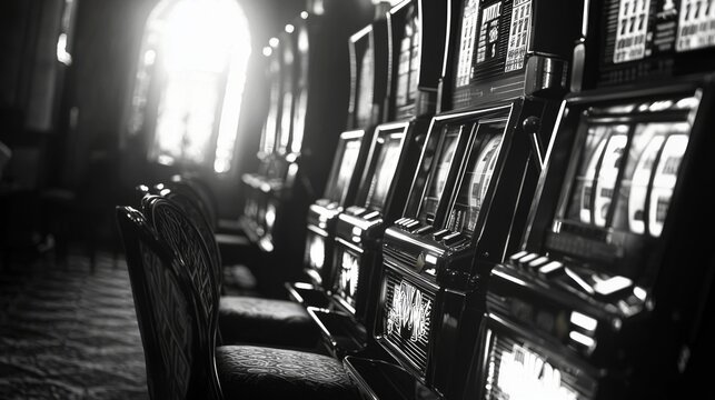 row elegantly designed slot machines stands ready eager gamblers bathed moody and sophisticated ambiance promising excitement and allure luxury casino.
