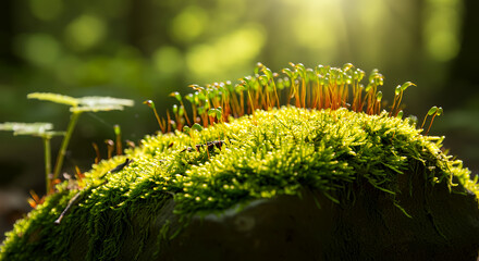 Naklejka premium Sunlit Moss and Sprouting Plants on Forest Rock - Vibrant Nature Photography