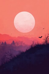 Obraz premium A dramatic sunset over a misty landscape creates an eerie atmosphere, perfect for Halloween-themed projects, autumn promotions, or storytelling illustrations, It evokes mystery and nature's beauty,