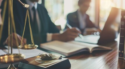 Obraz premium A team of legal professionals working on a high-profile case with detailed case files, legal research tools, and collaborative strategy sessions in a sophisticated law office