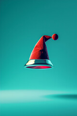 cyber futuristic xmas red hat levitate in air against green  background.