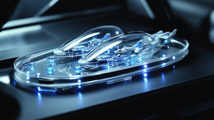 Futuristic Concept of Miniature Spaceship Models on a High-Tech Display with Soft Blue Lighting and Sleek Acrylic Base in an Innovative Environment
