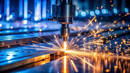 Minimalist Plasma Cutting Process of Metal with Sparks: A Close-Up of Industrial Precision and Creativity in Action, Showcasing the Intricate Dance of Light and Metal in a Simple Setting